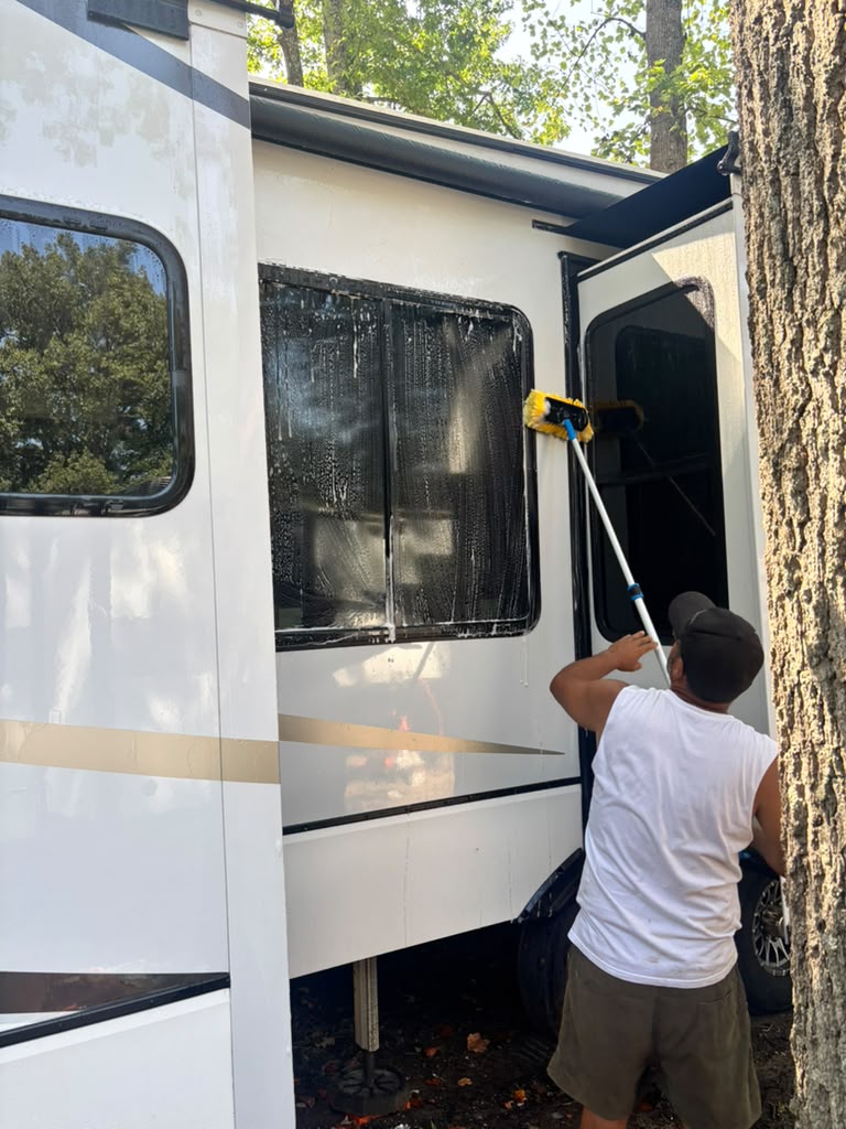 RV side panel receiving exterior care