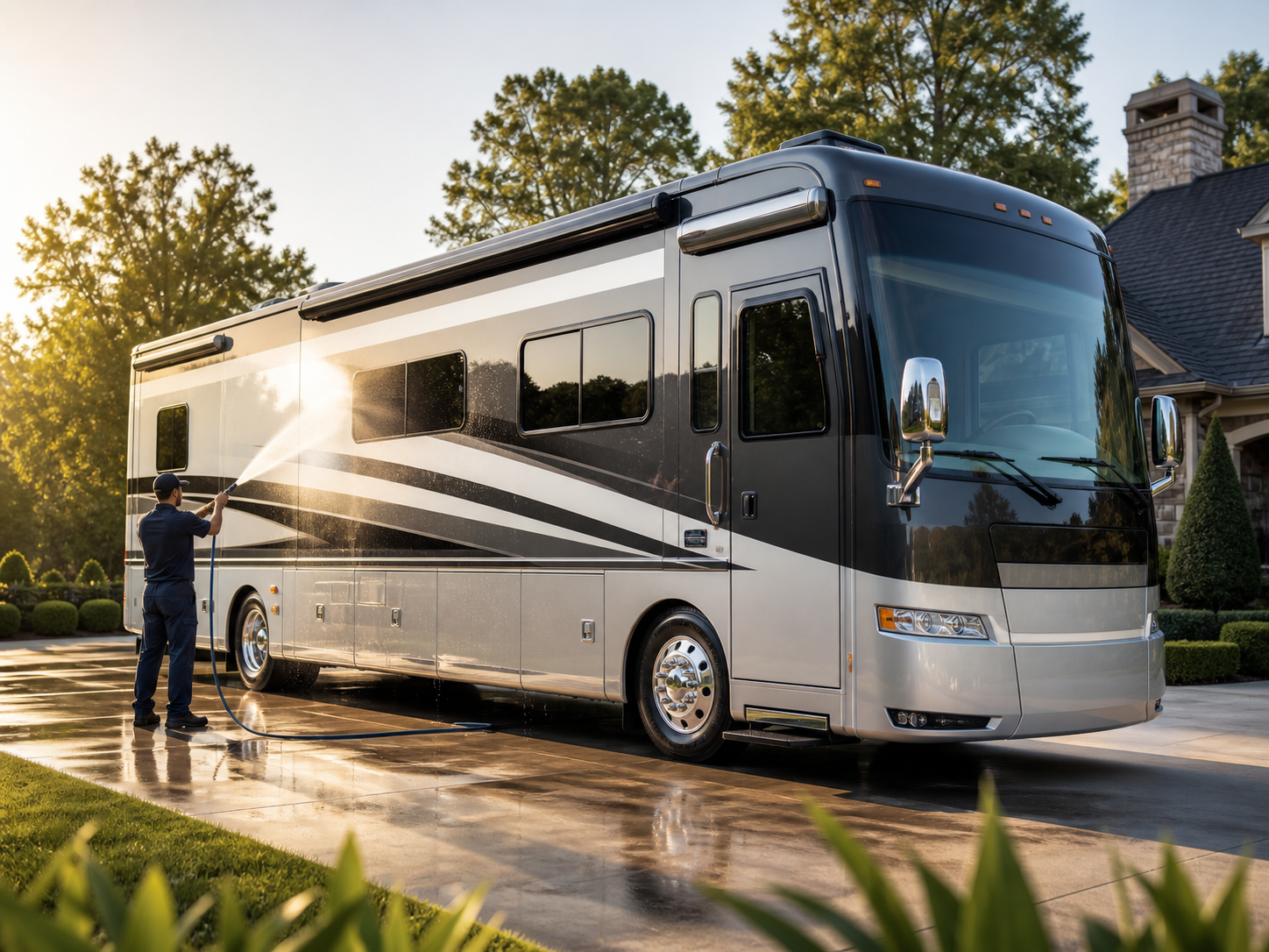 Professional exterior washing of a motorhome